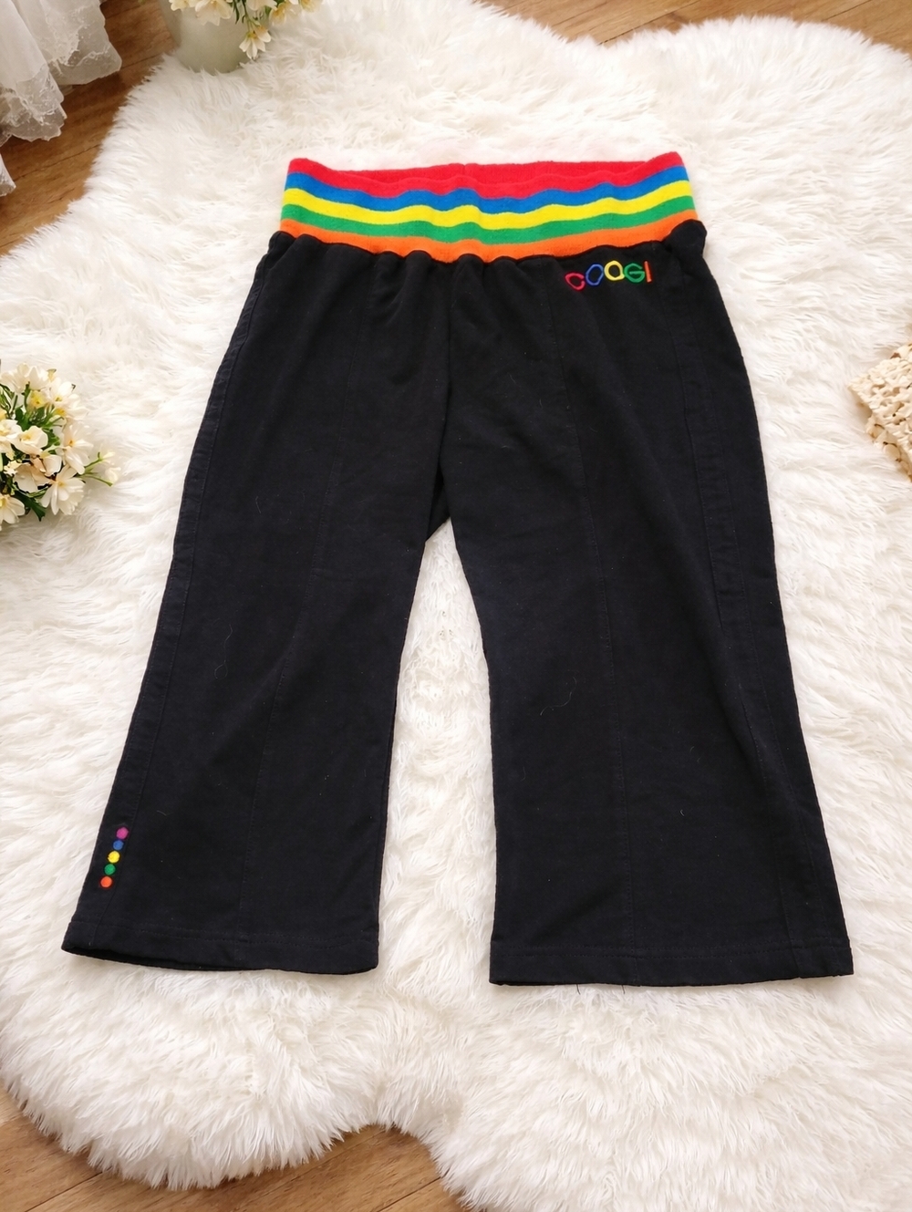 COOGI Small Black Track Capri Pants with Rainbow Waistband